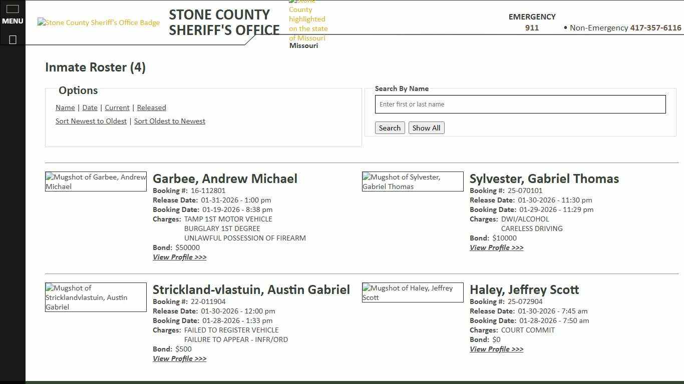 Inmate Roster - Released Inmates Booking Date Descending - Stone County Sheriff MO