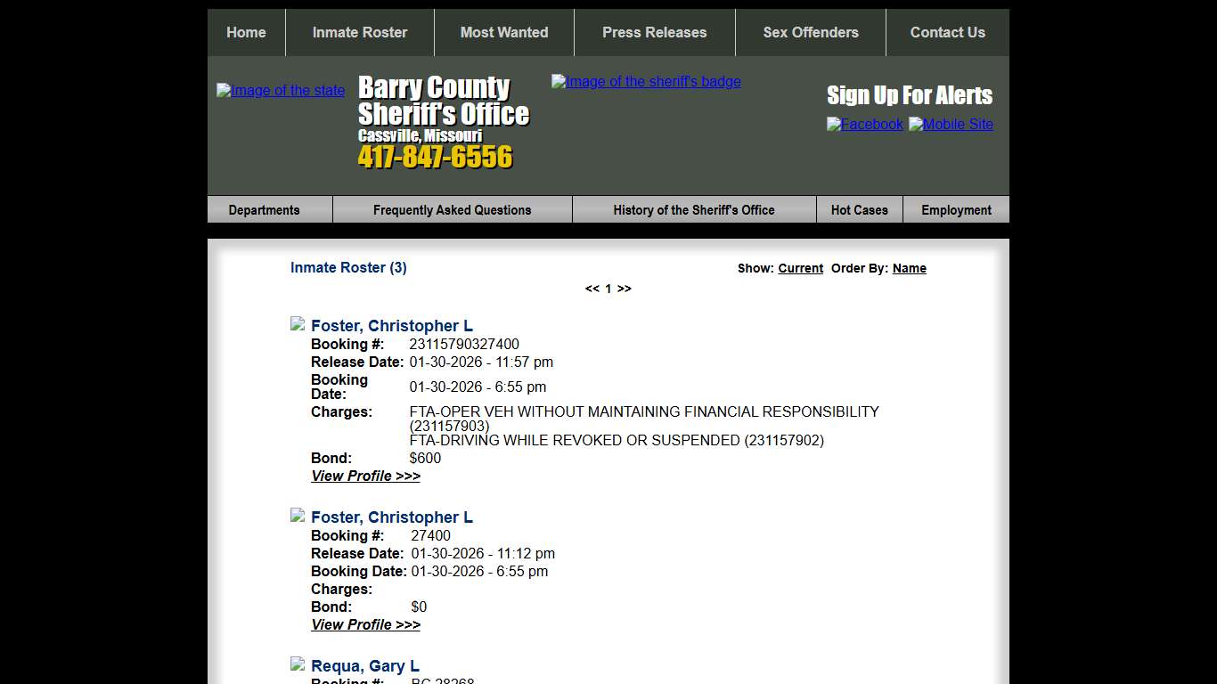 Inmate Roster - Released Inmates Booking Date Descending - Barry County Sheriff MO