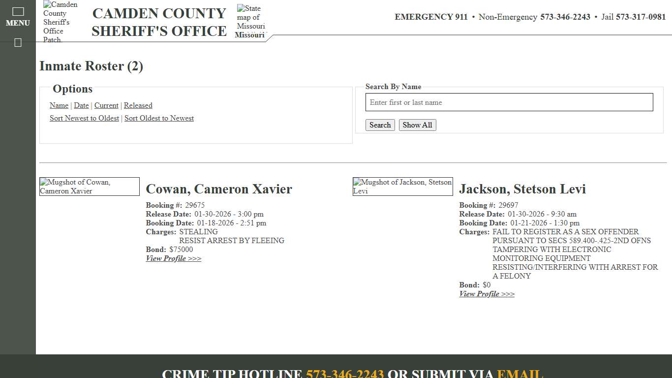 Inmate Roster - Released Inmates Booking Date Descending - Camden County Missouri Sheriff's Office