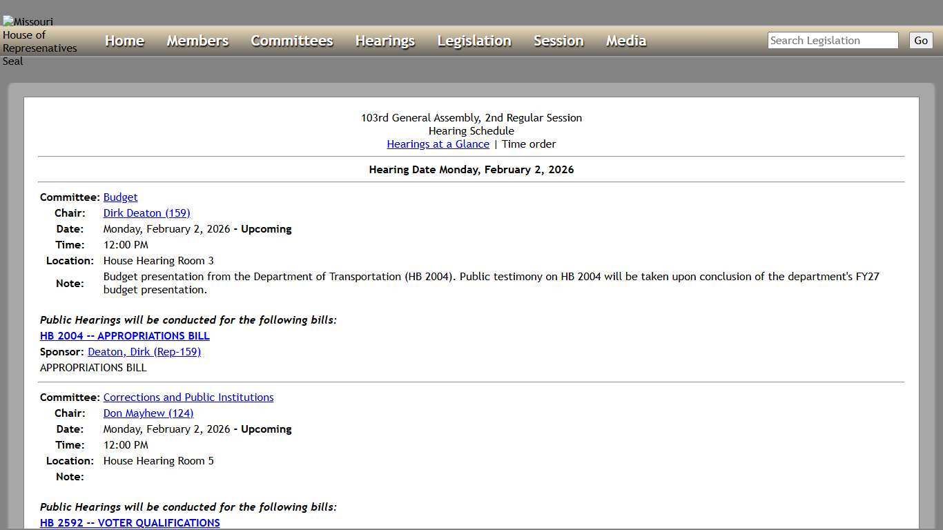 Missouri House of Representatives - Hearings Time Order