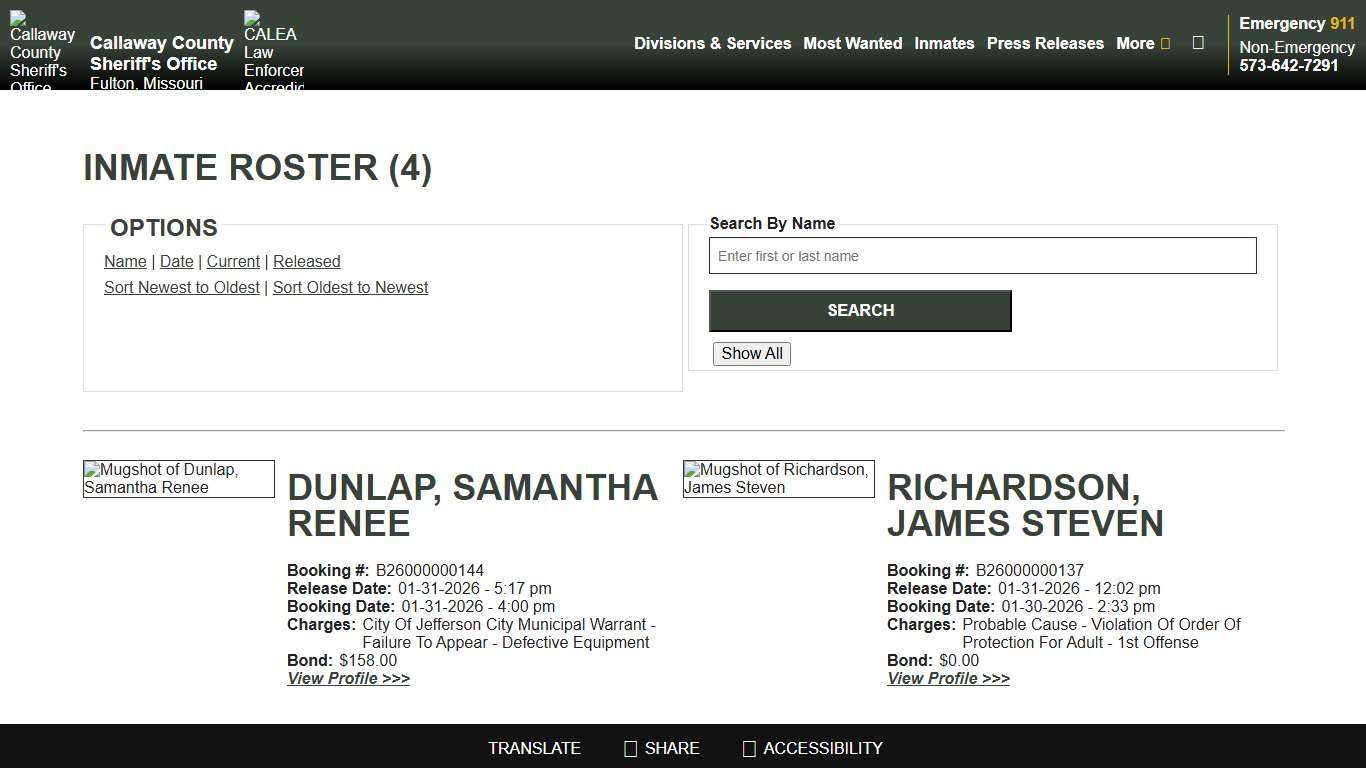 Inmate Roster - Released Inmates Booking Date Descending - Callaway County Sheriff's Office, Missouri